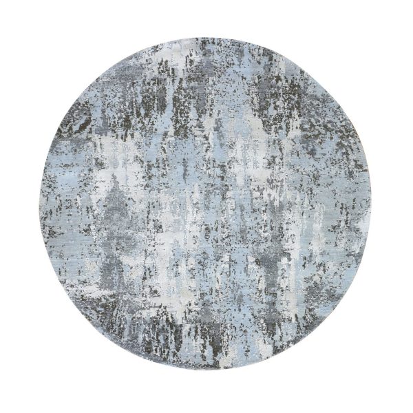 6'1"x6'1" Denser Weave Baby Blue Round Abstract Design Persian Knot Wool and Silk Hand Knotted Oriental Rug HR66728
