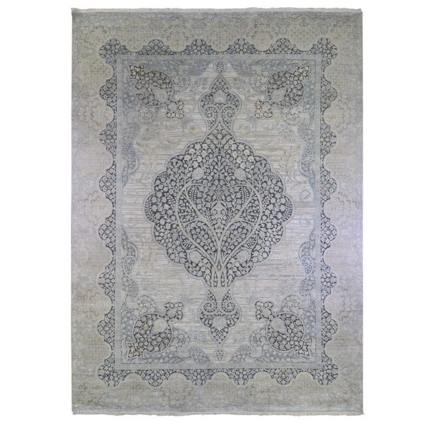 11'10"x16' Oversized Ivory Silk with Textured Wool Tree of Life Meditation Design Hand Knotted Oriental Rug HR66735