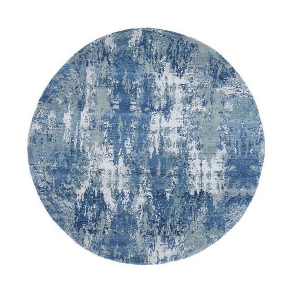6'2"x6'2" Round Abstract Design Wool and Pure Silk Blue Hand Knotted Denser Weave Oriental Rug HR66755