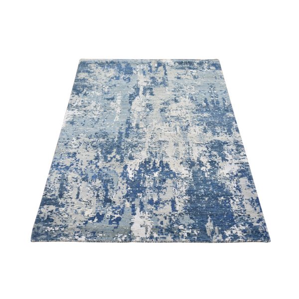 3'x5'3" Blue Oceanic Abstract Design Hi-low Pile Wool and Pure Silk Denser Weave Hand Knotted Oriental Rug HR66770