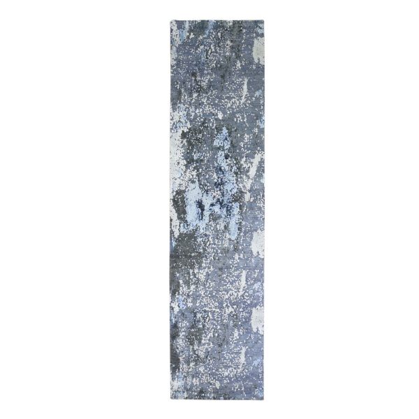 2'6"x10'2" Wool and Silk Abstract Design with Persian Knot Denser Weave Gray Hand Knotted Runner Oriental Rug HR66776