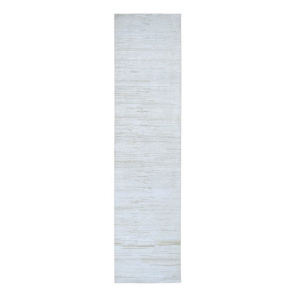 2'6"x12' Ivory Silk with Textured Wool Tone on Tone Gabbeh Design Hand Knotted Hi-Low Pile Runner Oriental Rug HR66806