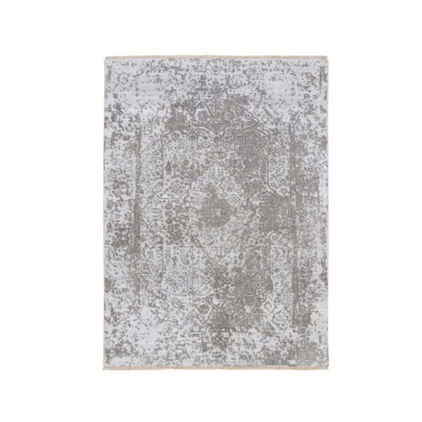 4'2"x6' Broken Persian Design Wool and Pure Silk Hand Knotted Ivory Oriental Rug HR63183