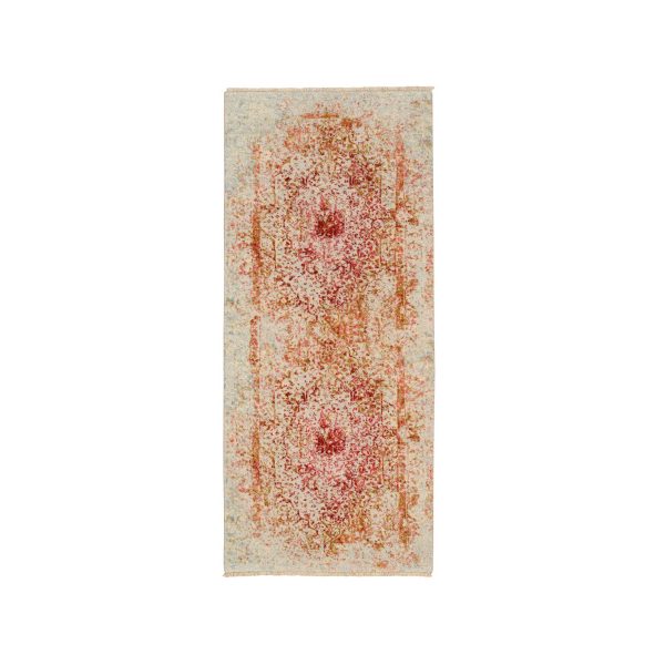 2'6"x6' Ivory Persian Erased Medallion Design Wool and Pure Silk Hand Knotted Oriental Runner Rug HR63186
