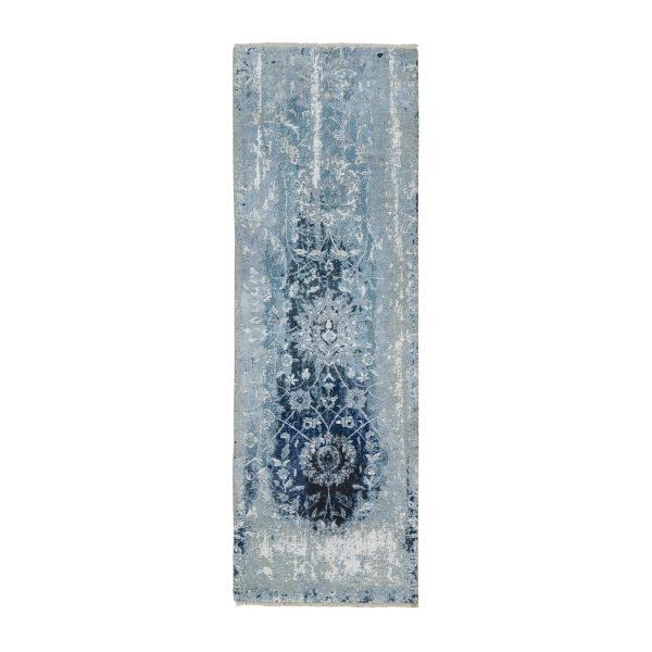 2'7"x8' Blue-Teal Persian Tabriz Broken Design Wool and Silk Hand Knotted Oriental Runner Rug HR63191