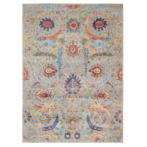 9'1"x12'4" Silk With Textured Wool Hand Knotted Taupe Sickle Leaf Design Oriental Rug HR63199
