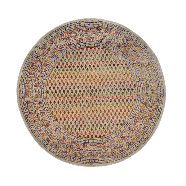 5'2"x5'2" Colorful Wool And Sari Silk Hand Knotted Beige Sarouk Mir Inspired With Repetitive Boteh Design Oriental Round Rug HR63221