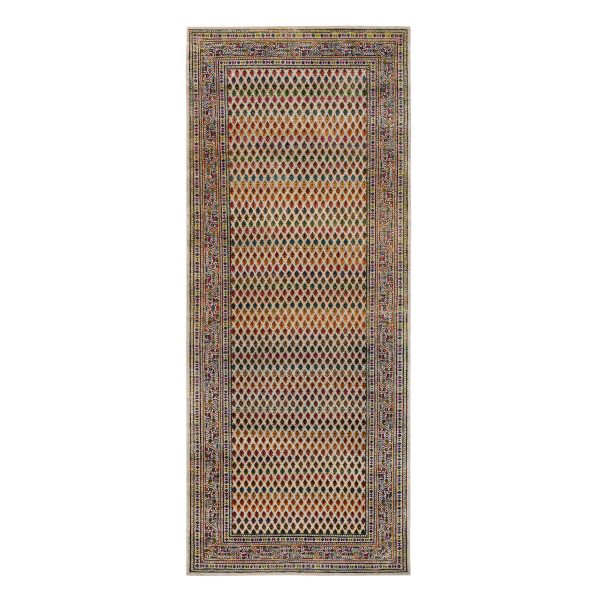4'x10' Hand Knotted Beige Sarouk Mir Inspired With Repetitive Boteh Design Colorful Wool And Sari Silk Oriental Wide Runner Rug HR63225