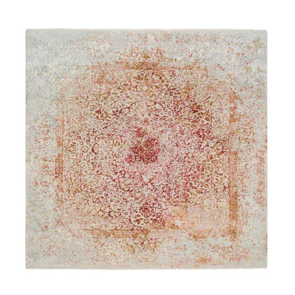 8'2"x8'2" Hand Knotted Ivory Persian Erased Medallion Design Wool and Pure Silk Oriental Square Rug HR63252
