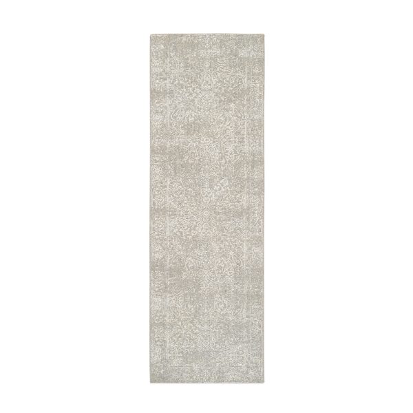2'6"x8' Fine Jacquard with Erased Design Wool and Art Silk Hand Loomed Light Gray Oriental Runner Rug HR63280