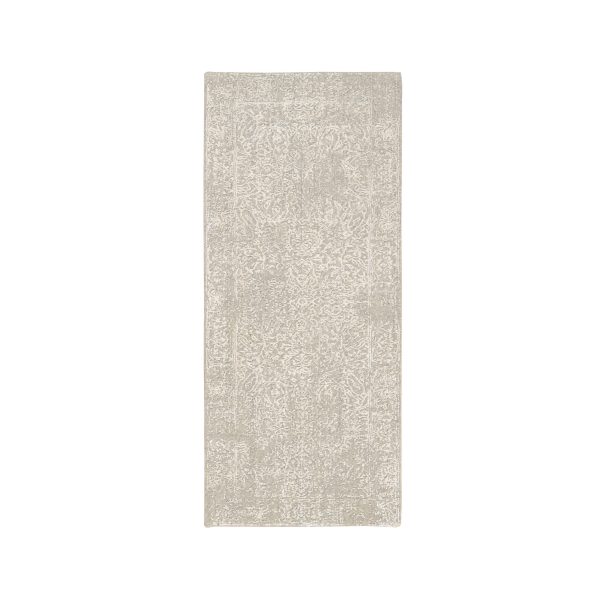 2'5"x6' Wool and Plant Based Silk Hand Loomed Light Gray Fine Jacquard with Erased Design Oriental Runner Rug HR63283