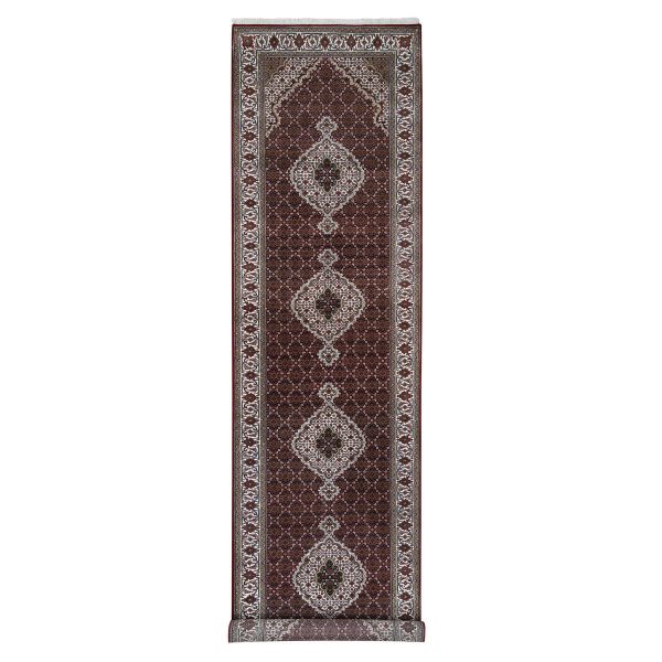 4'1"x16' Red Tabriz Mahi with Fish Medallions Design Wool and Silk Hand Knotted Oriental Wide XL Runner Rug HR63290