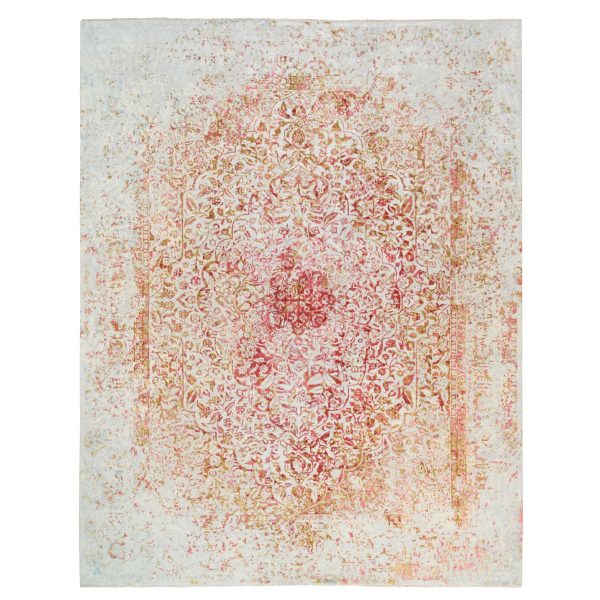 12'1"x15' Ivory Persian Erased Medallion Design Wool and Pure Silk Hand Knotted Oriental Oversized Rug HR63304