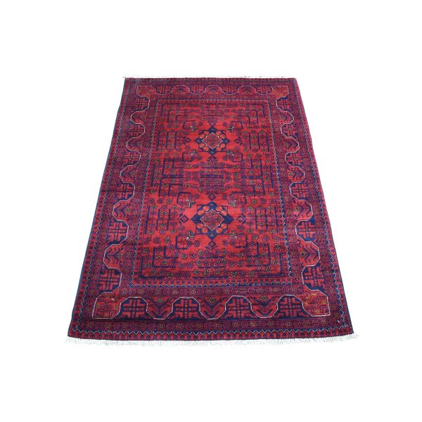 3'4"x4'10" Deep and Saturated Red Afghan Khamyab Geometric Design Pure Wool Hand Knotted Oriental Rug HR67964