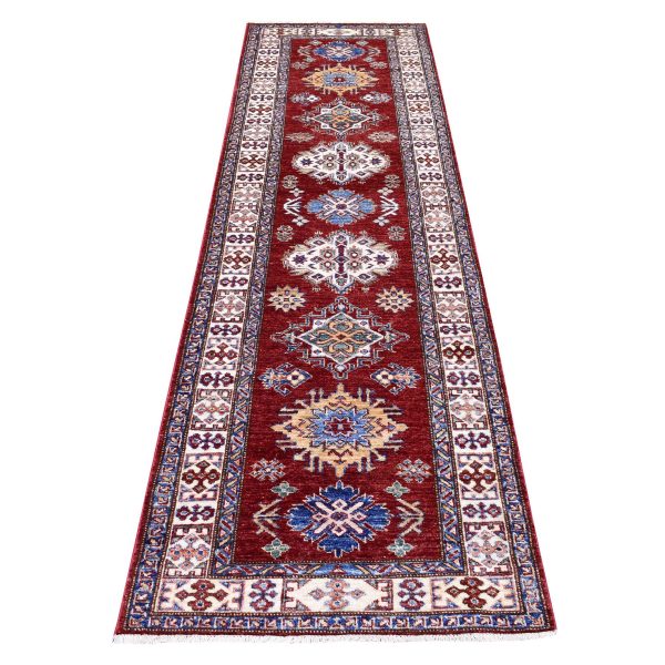 2'7"x8'10" Soft Natural Wool Hand Knotted Brick Red Super Kazak with Tribal Medallions Oriental Runner Rug HR68029