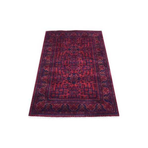 3'4"x4'9" Afghan Khamyab with Double Medallions Design Soft Afghan Wool Deep and Saturated Red Hand Knotted Oriental Rug HR68098