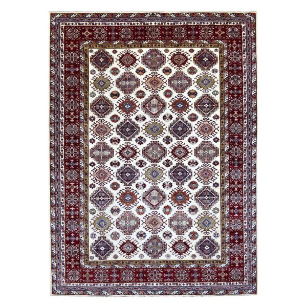 9'1"x12'4" Ivory with a Dark Red Border Super Kazak with Colorful Repetitive Medallions Afghan Shiny Wool Hand Knotted Oriental Rug HR68224