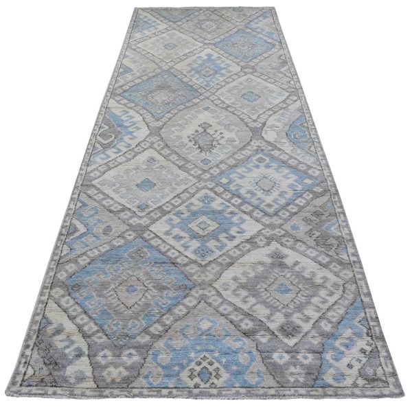 4'x11'7" Gray with Pop of Blue Anatolian Village Inspired Geometric Design Hand Knotted Organic Wool Oriental Wide Runner Rug HR68604