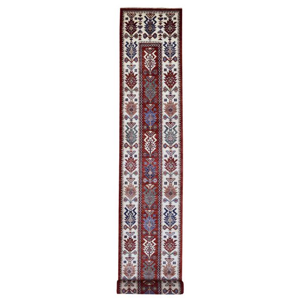 3'x25'3" Soft, Vibrant Wool Rich Red Hand Knotted Super Kazak with Tribal Flowers Design Oriental Extra Long and Wide Runner Rug HR68645