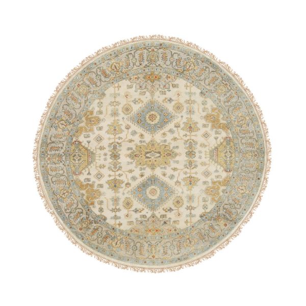 6'1"x6'1" Hand Knotted Ivory with Soft Colors Karajeh Design Soft Pure Wool Oriental Round Rug HR63419