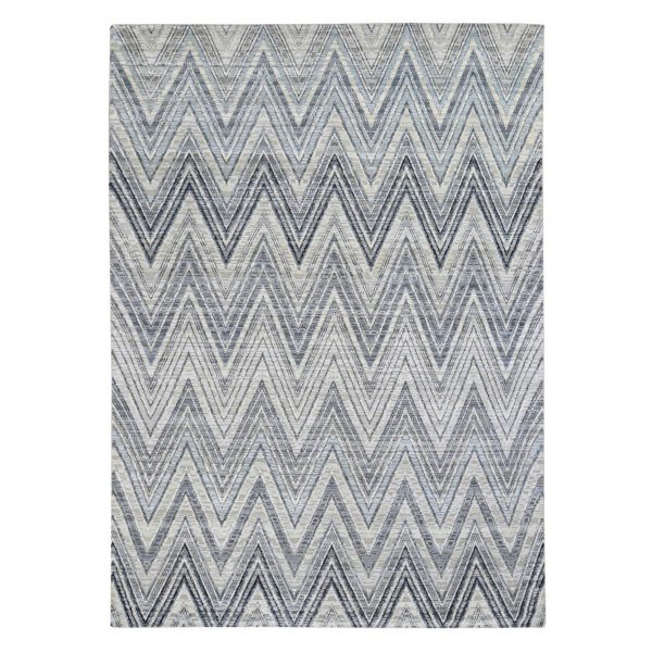 9'1"x12'3" Ivory Chevron Design Textured Wool and Pure Silk Hand Knotted Modern Oriental Rug HR66843