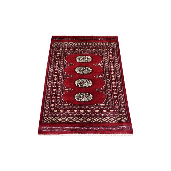 2'6"x3'9" Hand Knotted Mori Bokara with Tribal Medallions Design Deep Red Pure Wool Oriental Rug HR69209