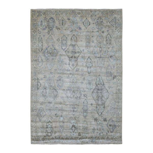 6'3"x9' Beige Angora Oushak with Geometric Leaf Design Hand Knotted Soft Afghan Wool Oriental Rug HR69528