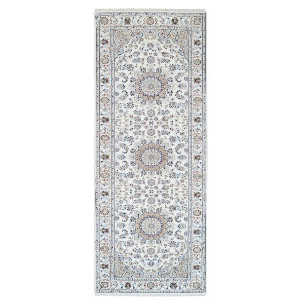 4'1"x12' Ivory Nain with Medallion and Flower Design 250 KPSI Wool and Silk Hand Knotted Oriental Wide Runner Rug HR63399