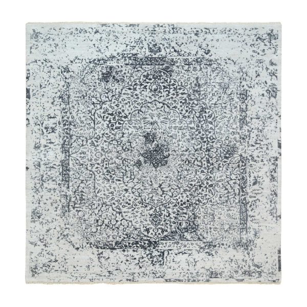 8'x8' Hand Knotted Silver Gray Erased Persian Design Wool and Pure Silk Oriental Square Rug HR63455