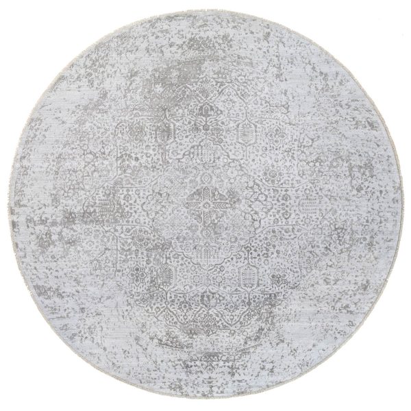 11'9"x11'9" Hand Knotted Silver Gray Broken Persian Design Wool and Pure Silk Oriental Round Rug HR63477