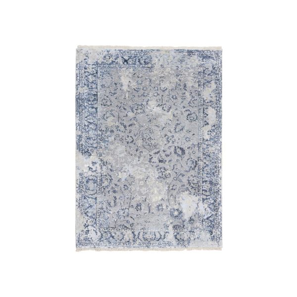 3'2"x4'10" Wool with Pure Silk Hand Knotted Gray Broken Kashan Design Oriental Rug HR63497