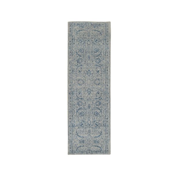 2'7"x8'1" Fine Jacquard with Sickle Leaf Design Wool and Plant Based Silk Hand Loomed Gray Oriental Runner Rug HR63513