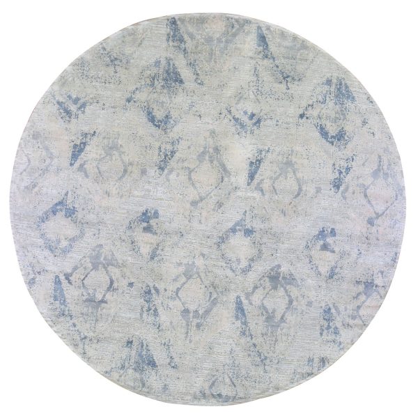 12'x12' Hand Knotted Ivory Large Elements with Pastels Silk with Textured Wool Modern Round Oriental Rug HR66867