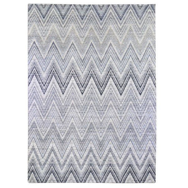 9'10"x14'3" Chevron Design Modern Textured Wool and Pure Silk Hand Knotted Ivory Oriental Rug HR66874