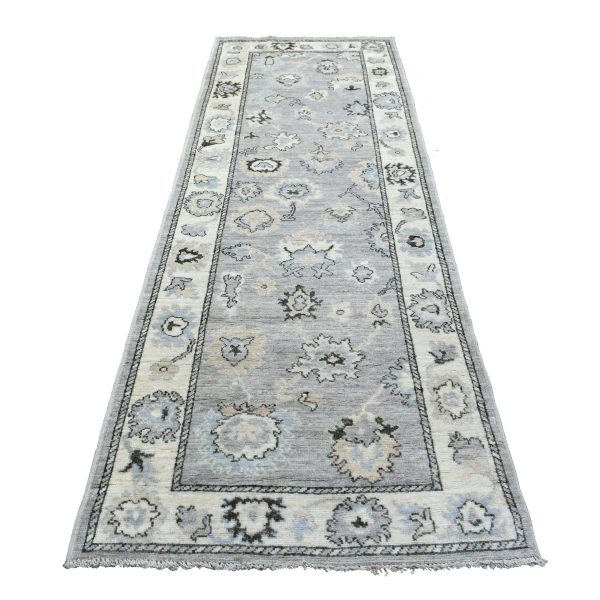 3'5"x10'2" Afghan Angora Oushak with Floral Motifs Extra Soft Wool Hand Knotted Gunmetal Gray Oriental Wide Runner Rug HR68967