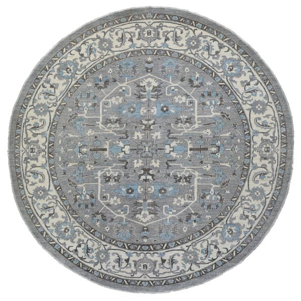 11'8"x11'8" Hand Knotted Gray Fine Peshawar with All Over Design Pure Wool Oriental Round Rug HR69652