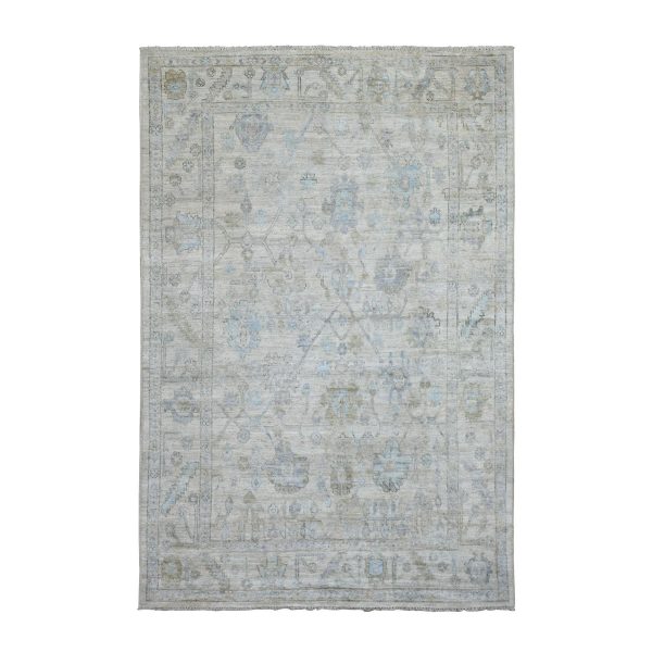 6'x9'1" Hand Knotted Beige Angora Oushak with Soft Colors Afghan Wool Oriental Rug HR69684