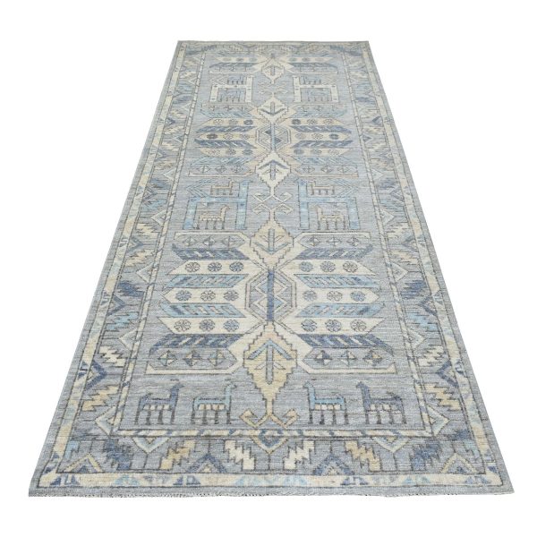 4'1"x9'9" Organic Wool Hand Knotted Gray Anatolian Village Inspired with Large Medallions Design Oriental Wide Runner Rug HR69503