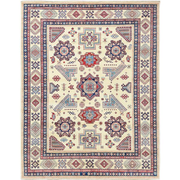 9'1"x11'7" Hand Knotted, Ivory, Caucasian Design, Afghan Special Kazak with Soft Colors, Natural Wool, Oriental Rug HR61532