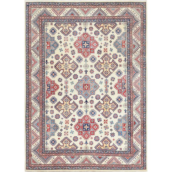 9'10"x13'8" Ivory, Afghan Special Kazak with Geometric Caucasian Design, Extra Soft Wool, Hand Knotted, Oriental Rug HR61536
