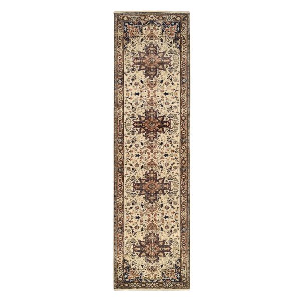 2'7"x10'3" Beige Antiqued Heriz Re-Creation with Serrated Medallions Extra Soft Wool Hand Knotted Oriental Runner Rug HR63588