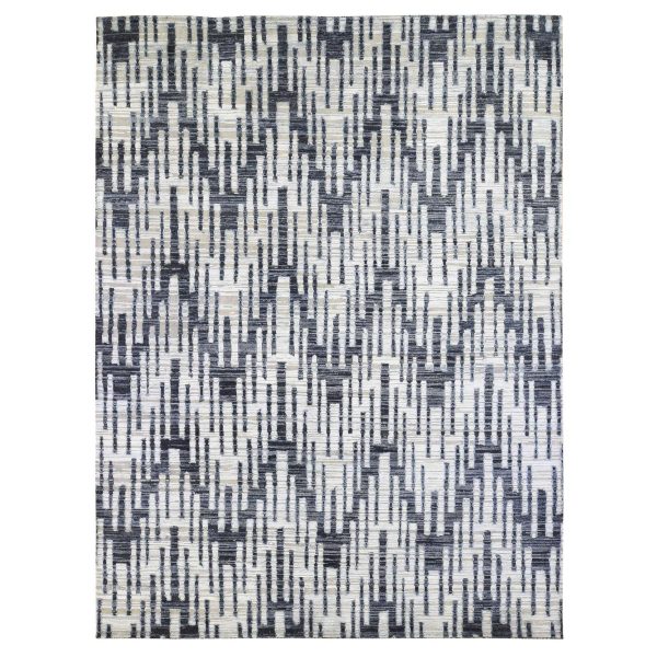 9'x12' Black and White Zig Zag Design Pure Silk and Textured Wool Oriental Rug HR66955