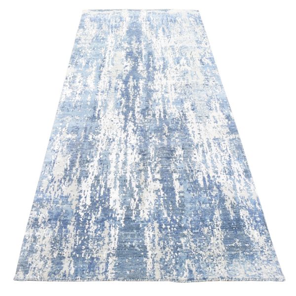 4'1"x10'2" Wool and Real Silk Hand Knotted Blue Abstract Design with Soft Colors Oriental Runner Rug HR66963