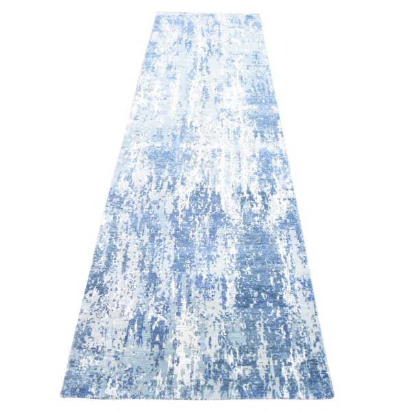 2'6"x10'1" Hand Knotted Denim Blue Abstract Design Wool and Real Silk Runner Oriental Rug HR66980