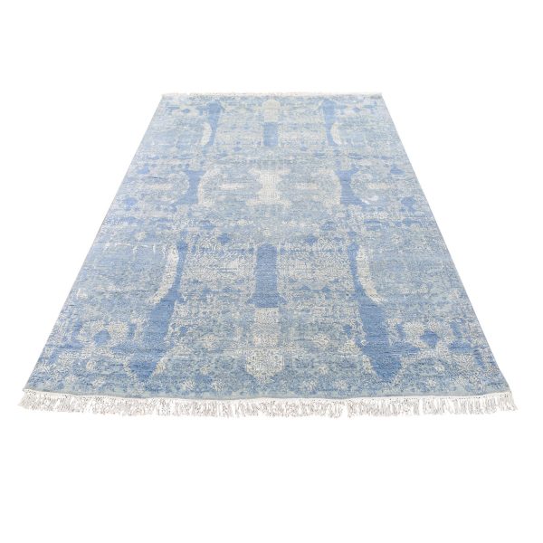 6'x9'3" Hand Knotted Blue Modern Large Elements with Pastels Silk with Textured Wool Oriental Rug HR66986