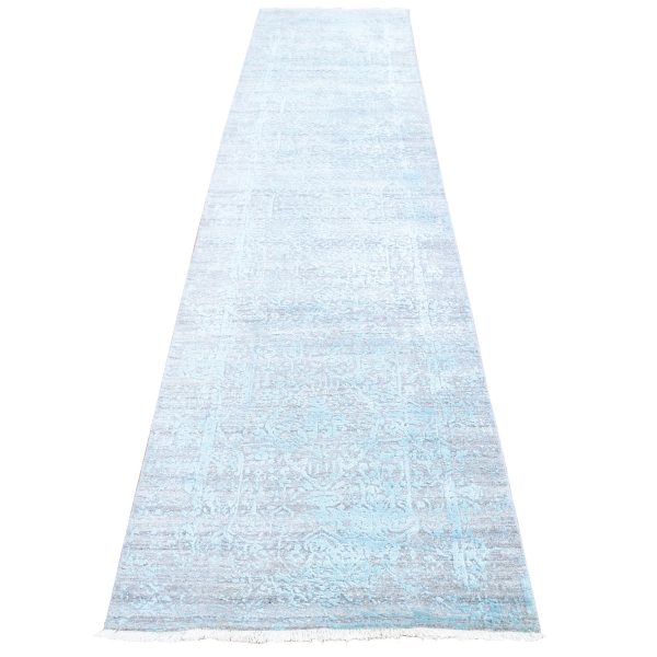 2'7"x14' Wool and Pure Silk Hand Knotted Gray with Touches of Turquoise Blue Broken Persian Design Oriental XL Runner Rug HR66988