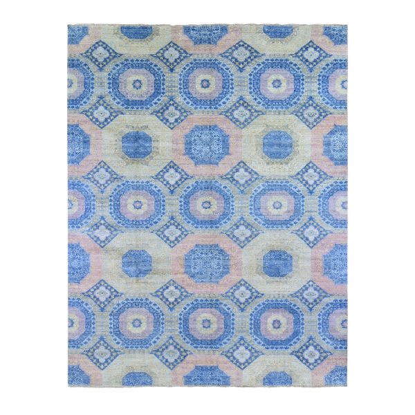 9'x11'8" Denim Blue Mamluk Repetitive Design with Pastel Colors Hand Knotted Pure Wool Oriental Rug HR66997