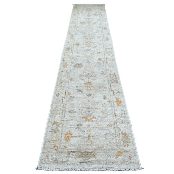 2'5"x13'9" Hand Knotted, Gray, Angora Ushak with A Floral Pattern, Organic Wool, Oriental, XL Runner, Rug HR69850