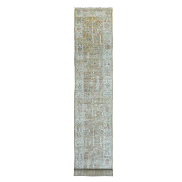 2'9"x19'5" Organic Wool Hand Knotted Almond Brown Angora Oushak with Colorful Willow and Cypress Tree Design Oriental XL Runner Rug HR69877