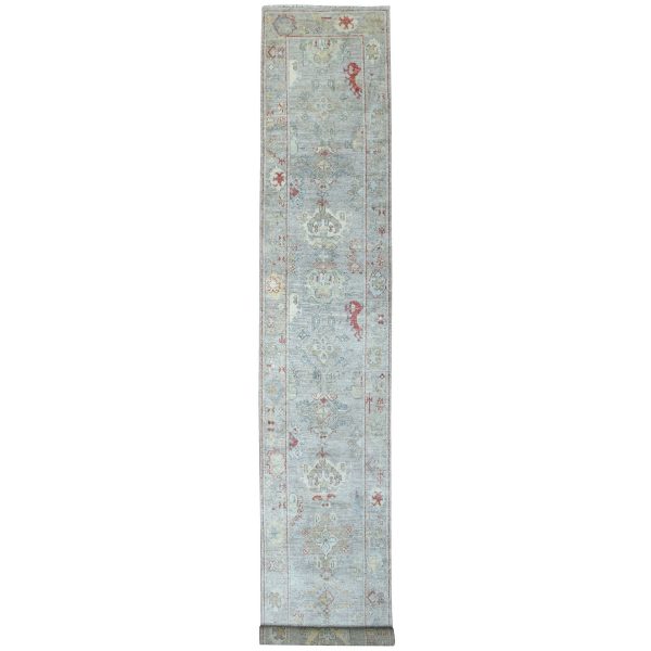 2'10"x17' Gray Afghan Angora Oushak with Touches of Red Hand Knotted Natural Wool Oriental XL Runner Rug HR70118